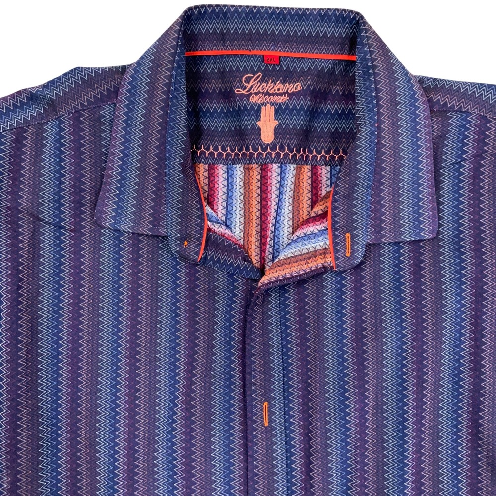 Luchiano Visconti Shirt Mens 2XL Blue Purple Zigzag Chevron Italian Party Cotton
